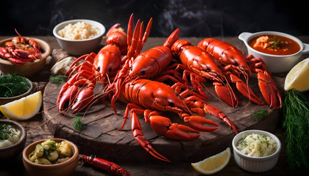 Red crayfish with dill, bay leaf and lemon in a plate.の素材