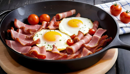 Salted and spiced fried egg in pan with tomatoes, thyme and baconの素材