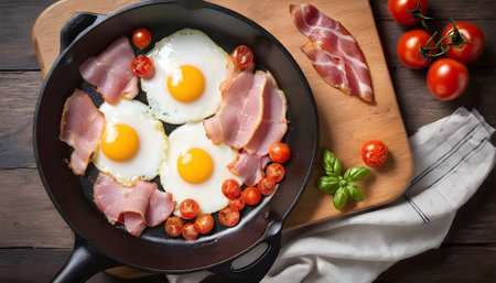 Salted and spiced fried egg in pan with tomatoes, thyme and baconの素材