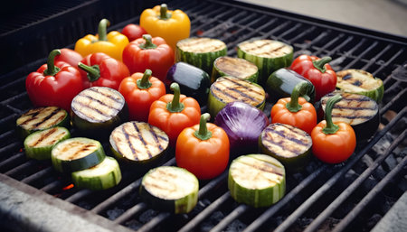 Seasonal summer Grilled vegetables on a grill, bell pepper, zucchini, eggplant, onion and tomatoの素材