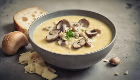 Soup puree with mushrooms and cheese on a concrete background.の素材