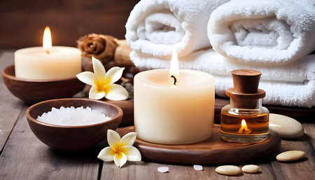 Spa massage concept, herbal compress ball, cream, flower soap, scented candle and Himalayan pink salt, isolated on whiteの素材
