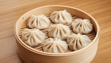 Steamed baozi dumplings stuffed with meatの素材