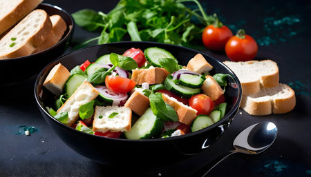 Fresh Vegetarian Panzanella salad with tomatoes, onion and Croutons. Isolated on white background.の素材