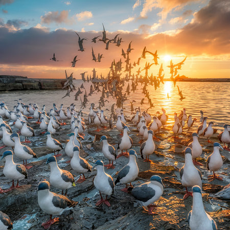 Flock of seabirds on the Farne Islands in Northumberland, Englandの素材
