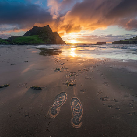 Footsteps on the sand passing through the outer Hebrides island, Scotlandの素材