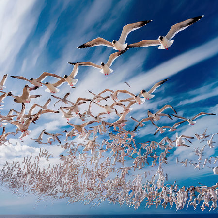 Flock of seagulls flying in the skyの素材