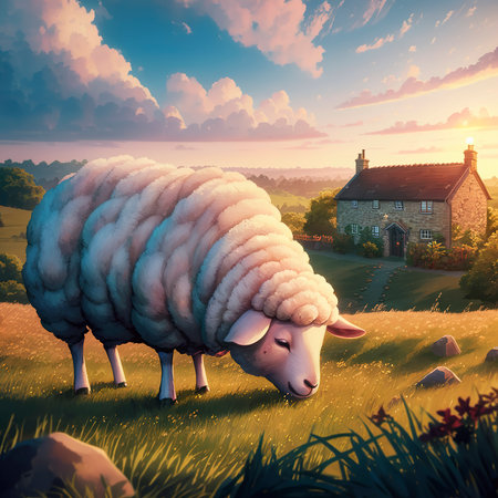 Fluffy white sheep in the grasslands of UKの素材