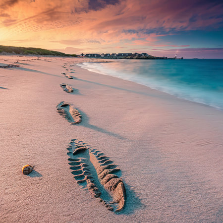Footsteps on the sand passing through the outer Hebrides island, Scotlandの素材