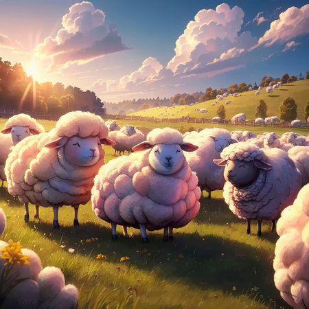 Fluffy white sheep in the grasslands of UKの素材