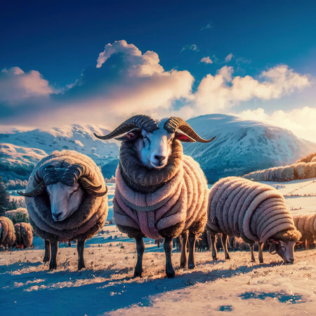 Herdwick sheep at the snowy Lake District in Scotlandの素材
