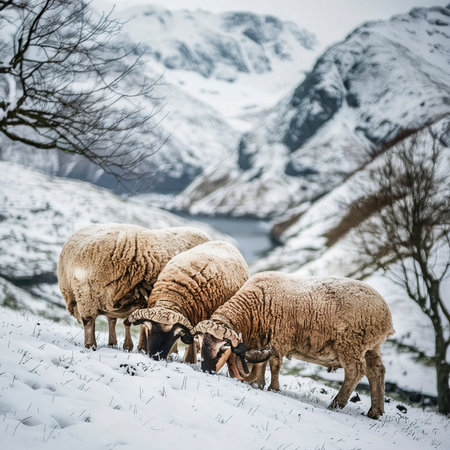 Herdwick sheep at the snowy Lake District in Scotlandの素材