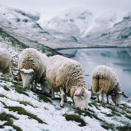 Herdwick sheep at the snowy Lake District in Scotlandの素材