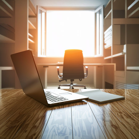 Laptop by a notepad on a wooden table in the officeの素材