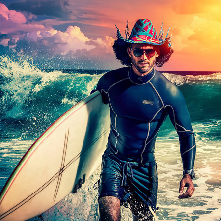 Man at the beach with his surfboardの素材