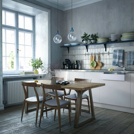 Messy table in a minimal kitchen decorの素材