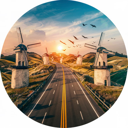 Passing windmills on a road tripの素材