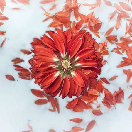 Red flower petals in water and milk bath. Minimalist still life. Nature horizontal background.の素材