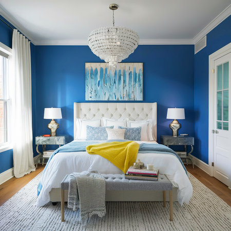 Stylish modern white and blue chandelier in trendy spacious bedroom with king size bedの素材