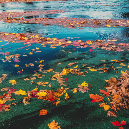 Autumn river surface texture with algae and fallen leaves.の素材