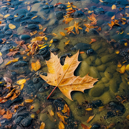 Autumn river surface texture with algae and fallen leaves.の素材