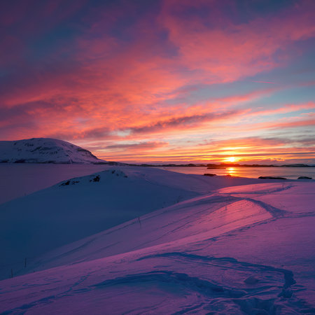 Snow-covered slope of the polar hill in the winter early in the morningの素材