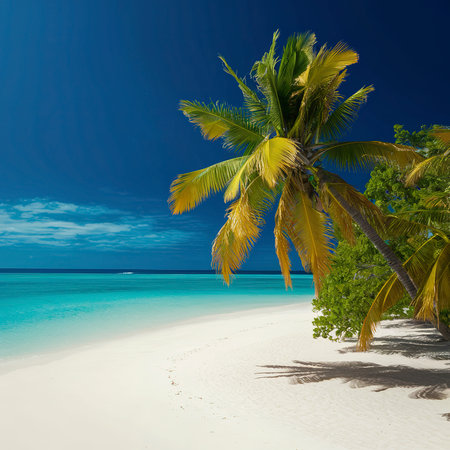 Beautiful Tropical beach sand and sea with blue sky backgroundの素材