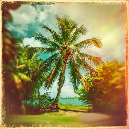Beautiful tropical coconut palm tree on sky - Vintage Filterの素材