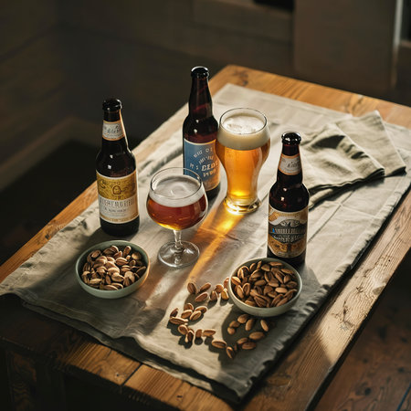 Beer background. Four beers with pistachios on a wooden table.の素材