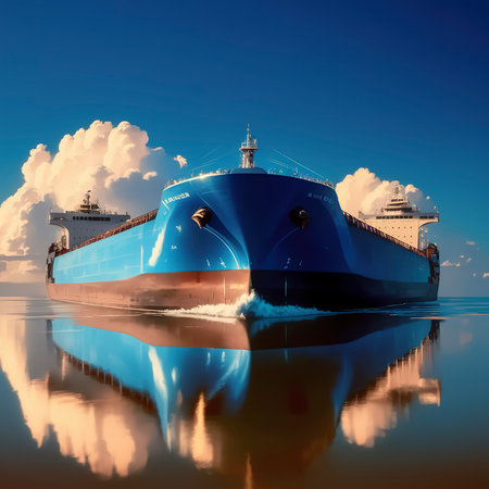 Blue bulk carrier sailing in still waterの素材