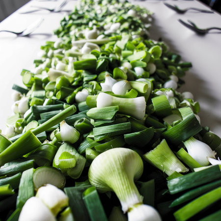 Chopped green onions on a white tableの素材