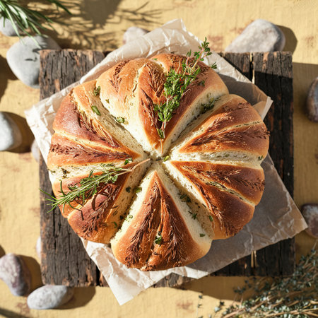 Ciabatta with herbs on paper. On the rustic backgroundの素材