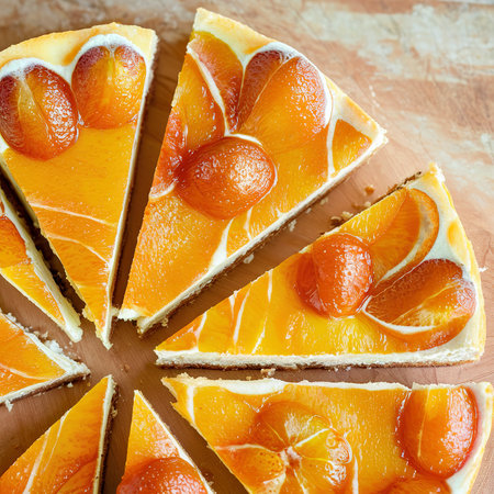 Closeup detail view sliced orange cheesecake or pudding, decorated with riped orange fruit.の素材