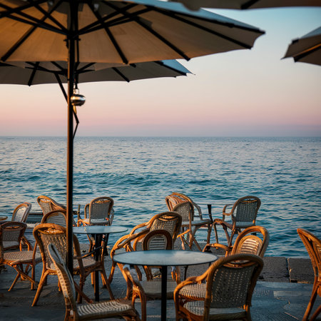 cafe tables on the sea mediterranean embankment. selective focus. bannerの素材