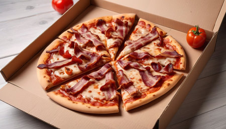 Pizza in a box. Separate piece. Fast food, not a healthy snack. Food delivery to the houseの素材
