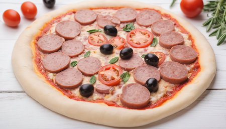 Raw pizza. Rolled out round dough with olives, sausages and tomatoes. On white wooden backgroundの素材