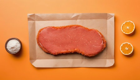 Raw Wiener Schnitzel breaded meat steak. Orange backgroundの素材