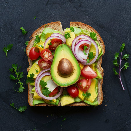 Fresh avocado toast with tomatoes, onions and herbs overhead shotの素材