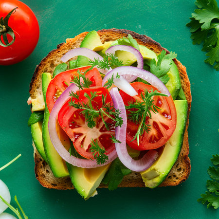 Fresh avocado toast with tomatoes, onions and herbs overhead shotの素材