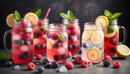 Home made raspberry and lemon lemonades served with different berries, mint, lemons and sparking water, decorated with iceの素材