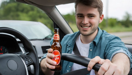 man holding a bottle of beer outside the car while drivingの素材