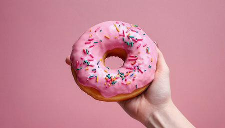Pink donut being held up by a womens handの素材