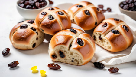 Traditional Easter treats cross buns with raisins on the white texture backgroundの素材