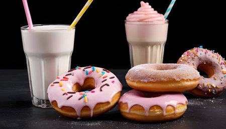 Sugar donuts served with milkshakes over black backgroundの素材
