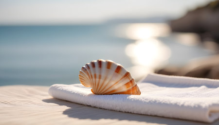 shell on towel in sunshine with sea on the background.の素材