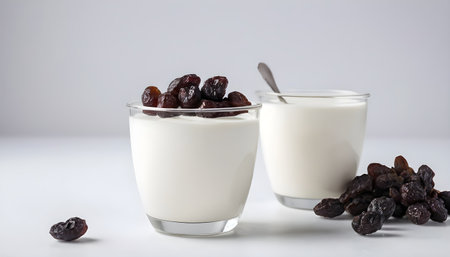 sweet homemade yogurt with raisins in a glass on white backgroundの素材