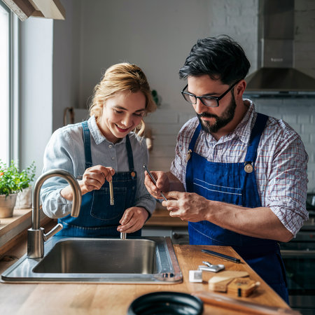 Close-up of handsome plumber repairing drain of kitchen sink. Photo of metalic sink and handyman with screwdriverの素材