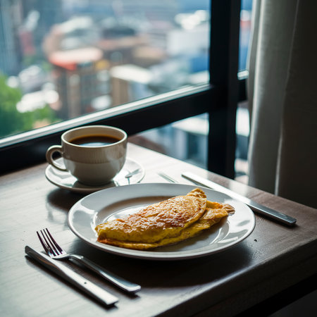 Side view breakfast with coffee cup and omelette in plate on hotel roomの素材