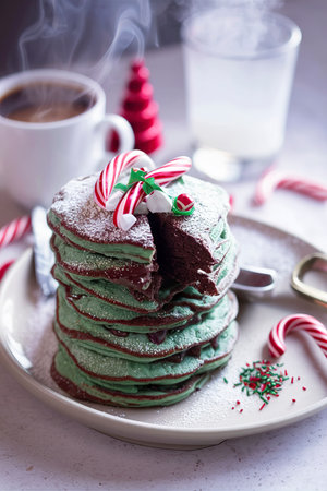 Chocolate mint christmas pancakes with coffee and candy canesの素材