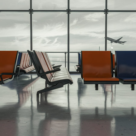 Empty ogange and blue seats in airportの素材